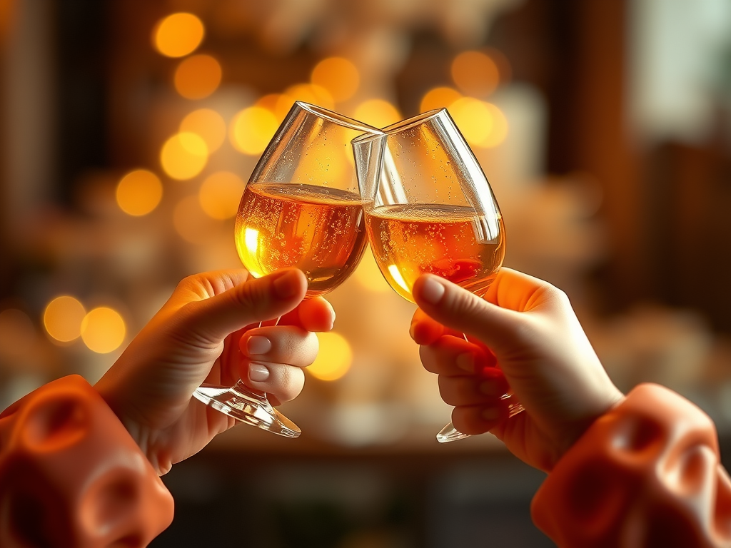Due bicchieri di vino dorato vengono toccati in un brindisi, con uno sfondo di luci sfocate e calde.