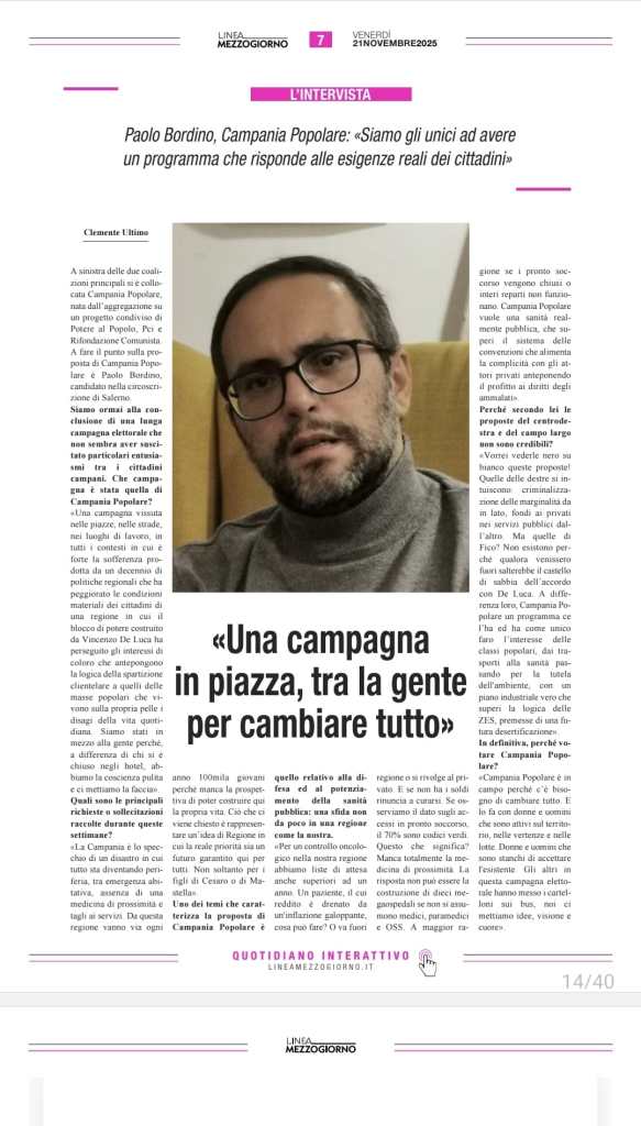 Intervista a Paolo Bordino della Campania Popolare, che commenta l'importanza di avere un programma che risponda alle esigenze dei cittadini.