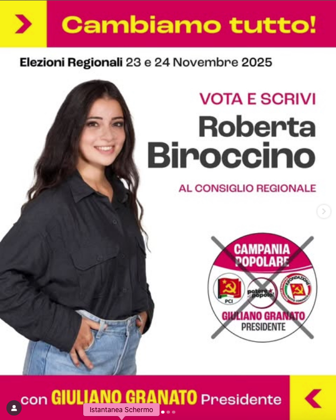 Immagine promozionale per le elezioni regionali del 2025 con Roberta Biroccino, candidata al consiglio regionale, sorridente e in abbigliamento casual, con uno sfondo colorato e testo evidenziato.