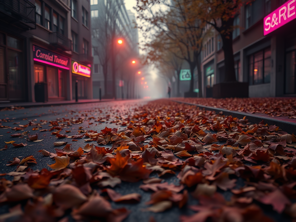 Strada deserta coperta di foglie autunnali rosse e arancioni, con vetrine illuminate da insegne al neon, avvolta in una leggera nebbia.