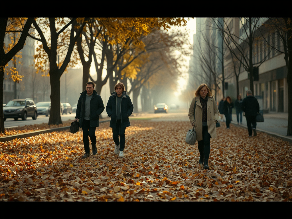 Tre persone camminano su una strada coperta di foglie gialle in un contesto urbano autunnale, con alberi ai lati e un'atmosfera nebbiosa.