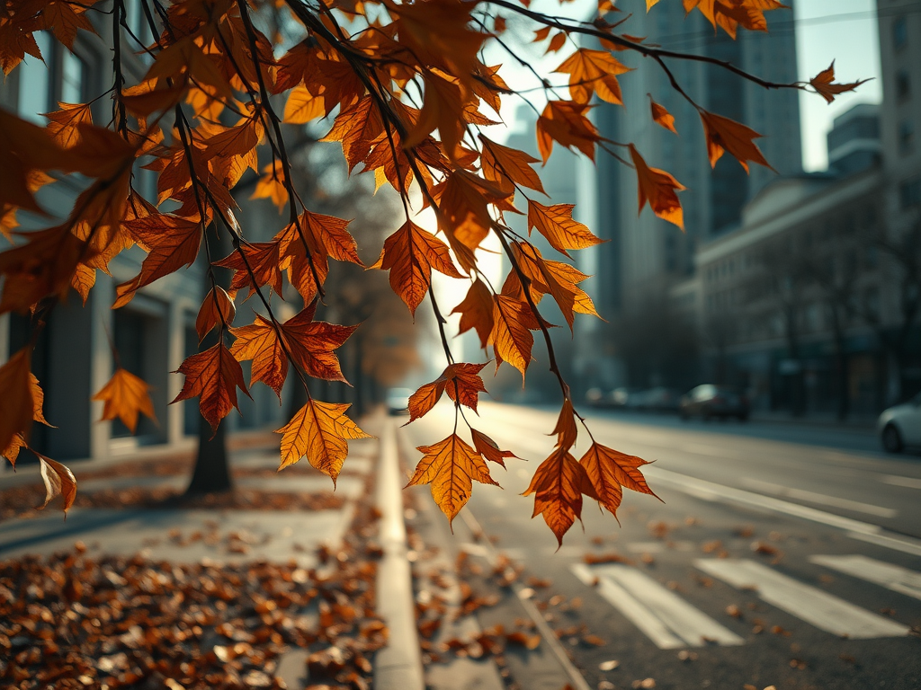 Rami di alberi con foglie arancioni e gialle in autunno, con un viale deserto sullo sfondo al mattino.
