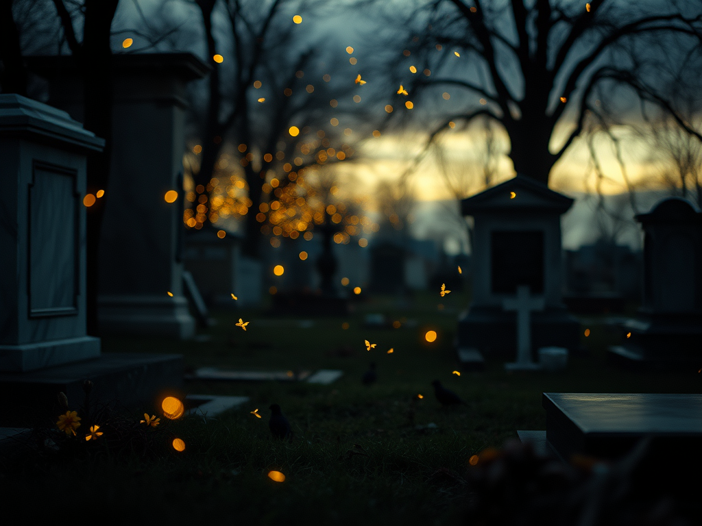 Un cimitero al crepuscolo, con lapidi e monumenti, illuminato da piccole luci fluttuanti che ricordano anime, mentre sullo sfondo si può vedere un albero spoglio e il cielo che si scurisce.