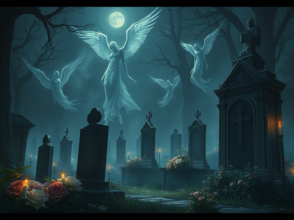 Una scena in un cimitero misterioso con angeli trasparenti che fluttuano sopra tombe ornate di fiori e candele, mentre una luna piena illumina l'ambiente buio e silenzioso.