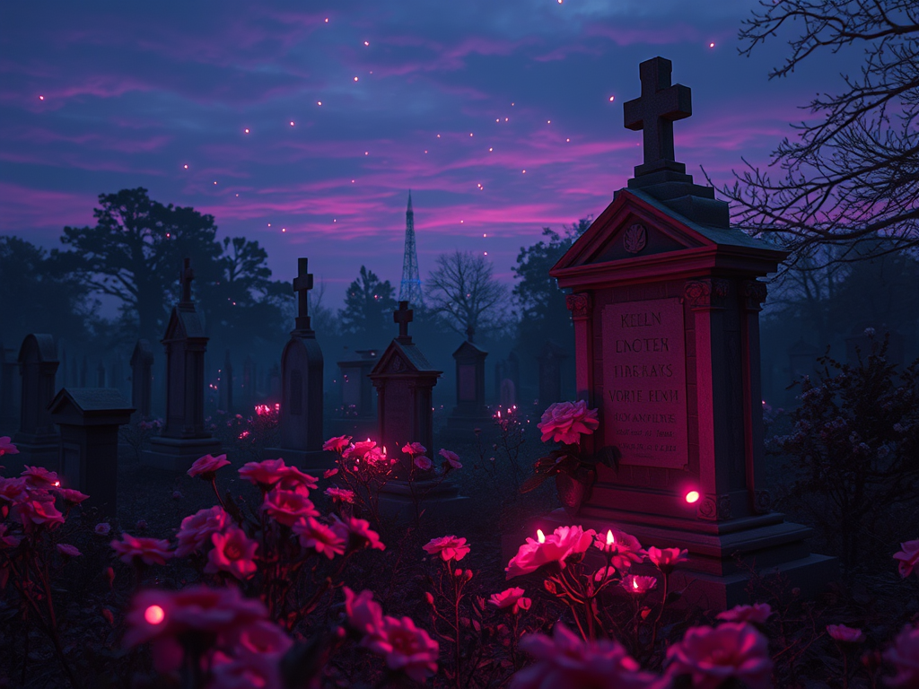 Cimitero al crepuscolo con croci e fiori rosa illuminati, atmosfera suggestiva e triste.