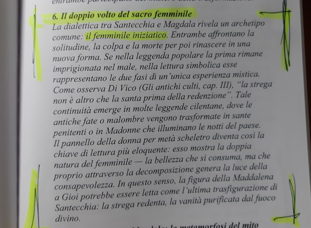 A page from a book featuring highlighted text discussing the dual aspects of feminine sacredness, including themes of initiation and transformation.