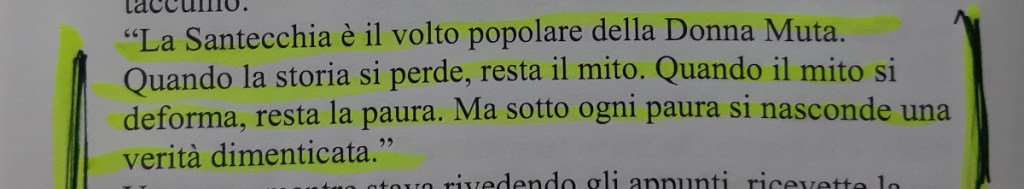 A page from a book featuring highlighted text discussing the folklore of 'La Santecchia' and its connection to fear and forgotten truths.