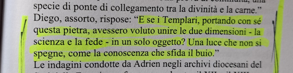 Text from a book page discussing a connection between science and faith, highlighted in yellow.
