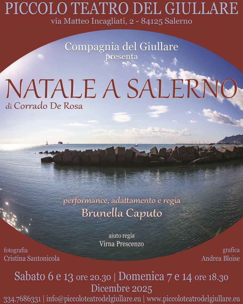 Locandina dello spettacolo teatrale 'Natale a Salerno' al Piccolo Teatro del Giullare, con dettagli sulla performance di Brunella Caputo, data e informazioni di contatto.