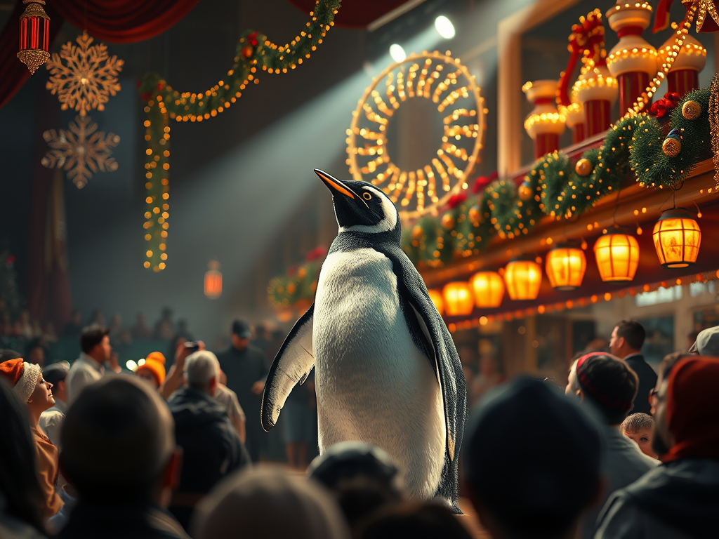 Pinguino in scena durante uno spettacolo natalizio, circondato da un pubblico attento, con decorazioni festive e luci sullo sfondo.