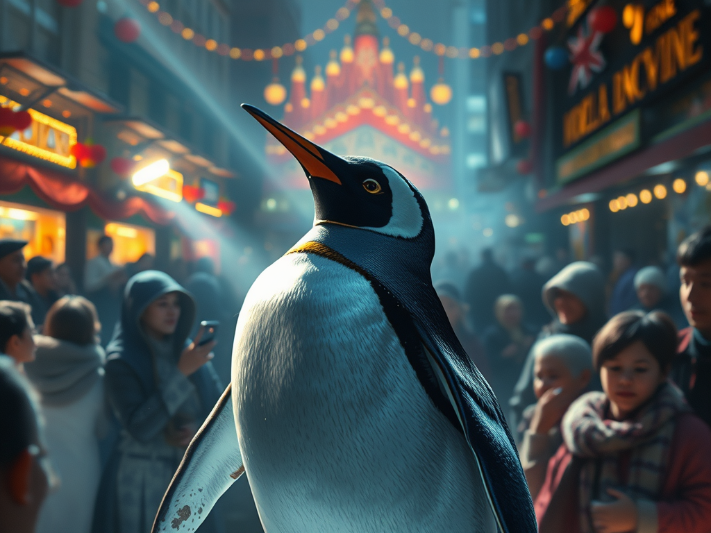 Un pinguino in primo piano in una strada affollata, circondato da turisti e decorazioni luminose, in un'atmosfera festiva e vibrante.
