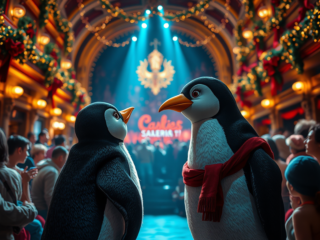 Due pinguini antropomorfi sul palcoscenico di un teatro decorato per le festività, circondati da un pubblico in attesa. Uno dei pinguini indossa una sciarpa rossa.