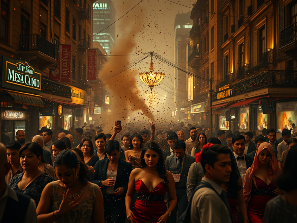 Una vivace scena di festa in una strada affollata, con persone in abiti eleganti e un'atmosfera di celebrazione. Fumi e polveri fluttuano nell'aria, creando un effetto suggestivo. Un lampadario decorativo si apre sopra la folla.