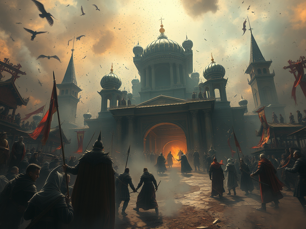 Scene of a dramatic gathering in a grand, ornate city setting, with figures in medieval attire holding flags and swords, under a turbulent sky filled with birds and debris.