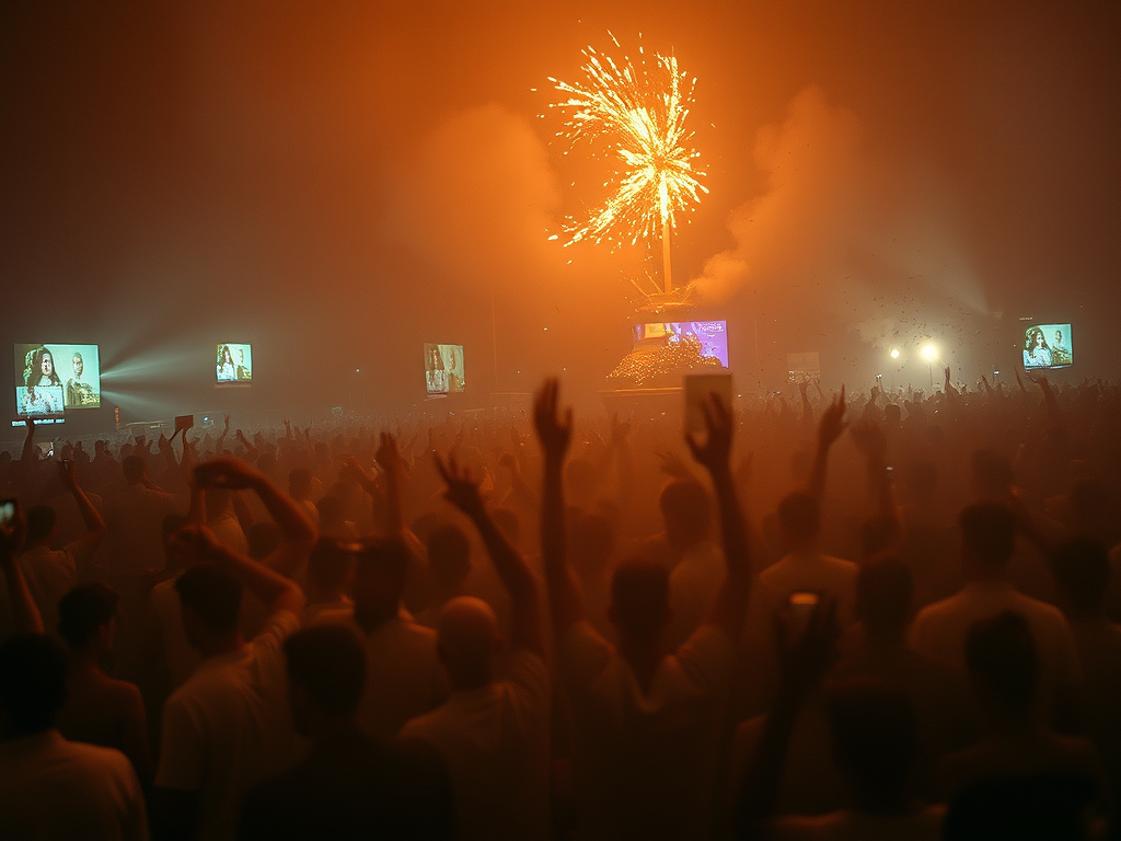 Una folla festante durante un evento, con mani alzate e fuochi d'artificio che esplodono sopra, immersi in una nebbia di luci arancioni.