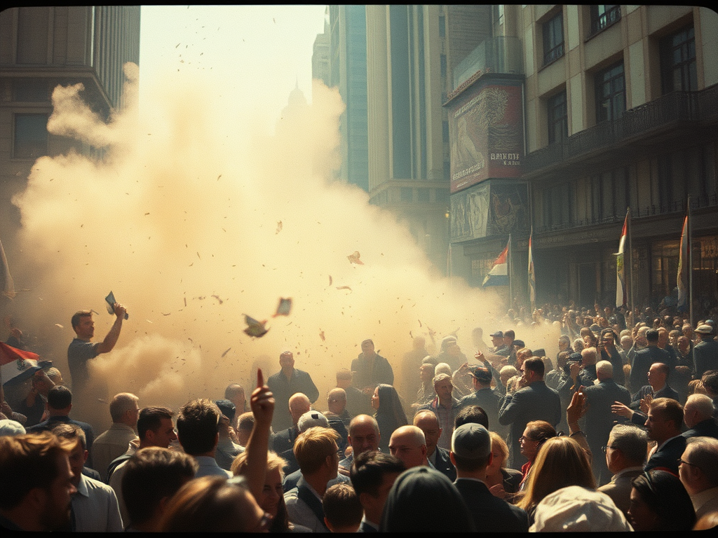 Una folla di persone in un'area urbana, circondati da una nuvola di polvere e macerie, si fa strada attraverso la confusione, con segnali festivi e un'atmosfera di attesa.