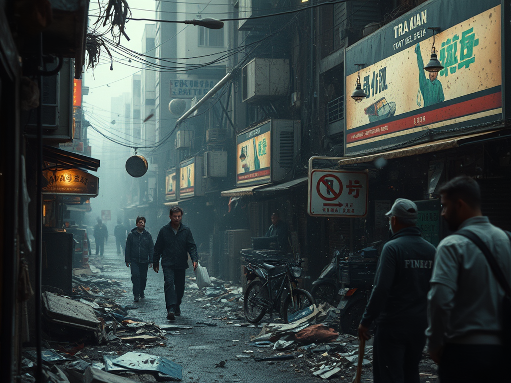 Una strada urbana affollata con spazzatura e macerie, persone che camminano in un ambiente caotico e nebbioso, insegne al neon visibili.