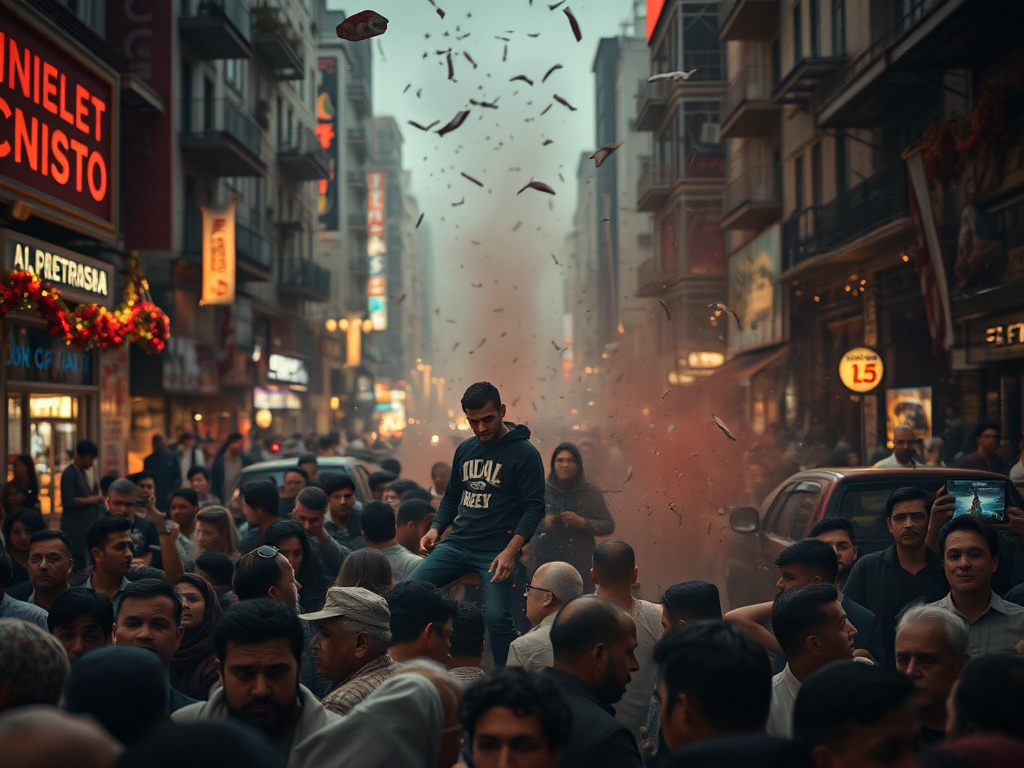 A crowded urban street filled with people, amidst a haze of dust and debris, capturing a moment of chaotic celebration.