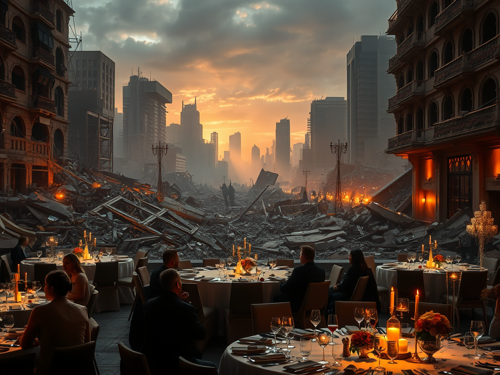 Una scena che mostra un elegante ristorante con tavoli apparecchiati, affacciato su una città in rovina e distruzione, con grattacieli in lontananza e un tramonto drammatico sullo sfondo.