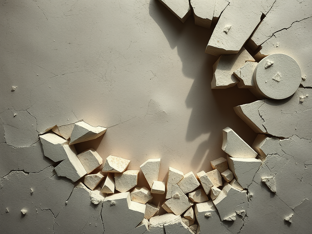 Un muro di gesso danneggiato con crepe e pezzi di materiale dislocati, creando un effetto di rottura e caos visivo.