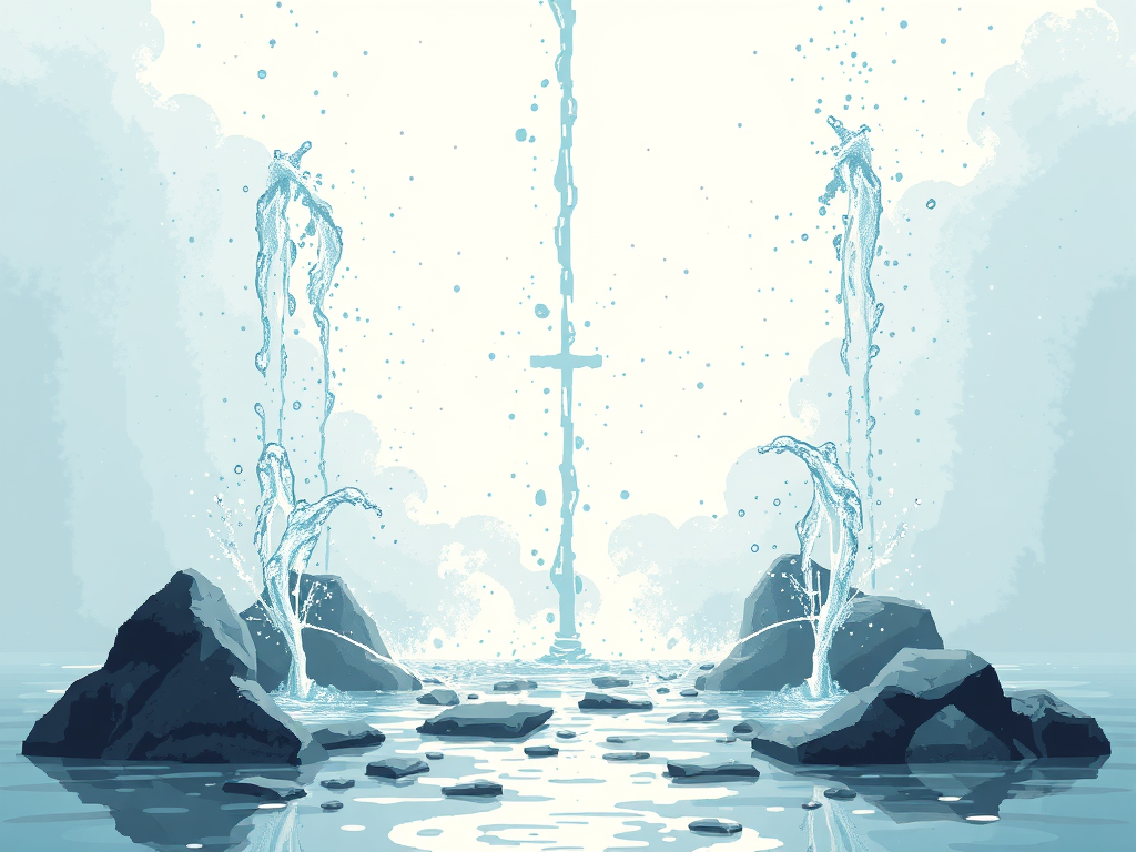 A digital illustration depicting a serene water landscape with a central cross emitting water streams, surrounded by rocks.