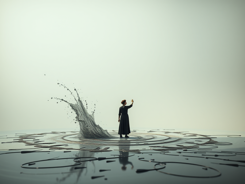 Una figura in abiti scuri si erge su una superficie riflettente, mentre un getto d'acqua esplode da essa, creando onde e spruzzi attorno.