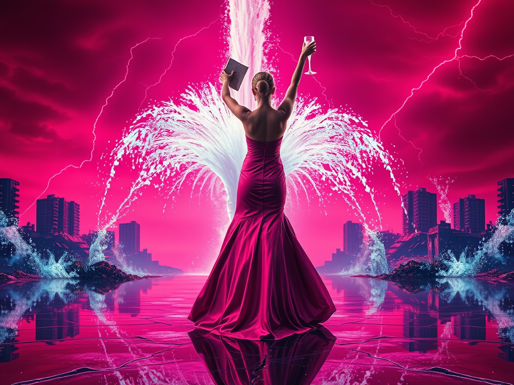 Una figura femminile in abito lungo rosa alza un bicchiere mentre un gioco d'acqua esplode dietro di lei, con un cielo tempestoso e edifici siluettati sullo sfondo.