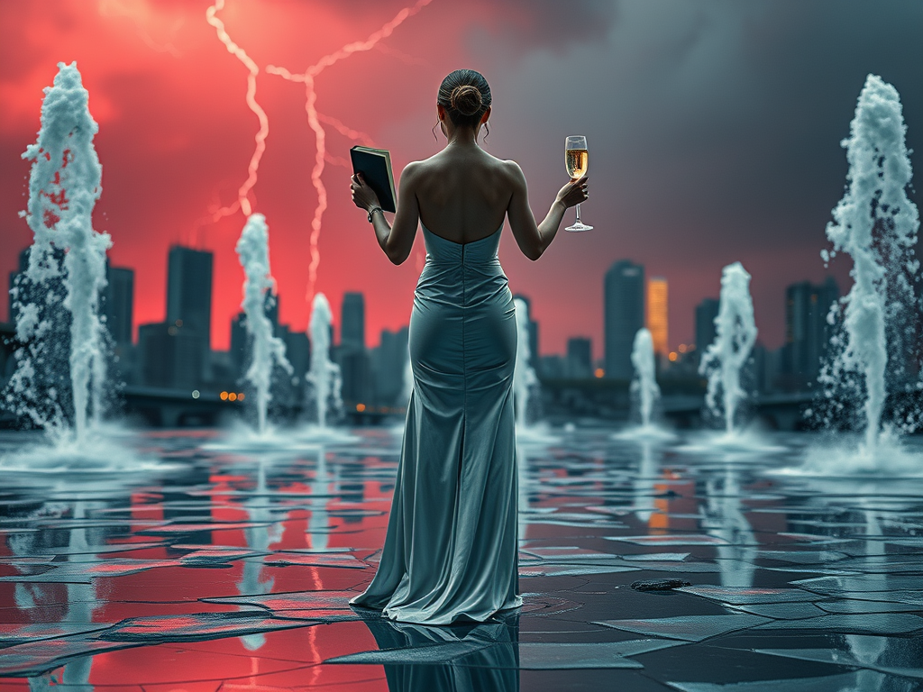 Una donna in abito lungo e lucido sta in piedi di spalle, tenendo un calice di champagne e un libro, di fronte a fontane che spruzzano acqua. Sullo sfondo, un cielo nuvoloso e tempestoso con fulmini e un tramonto rosso.