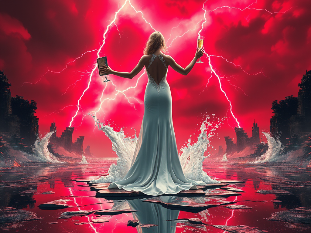 Una donna in abito bianco che tiene un bicchiere di champagne e un libro, in piedi su una superficie d'acqua riflettente sotto un cielo tempestoso di fulmini e nuvole rosse.