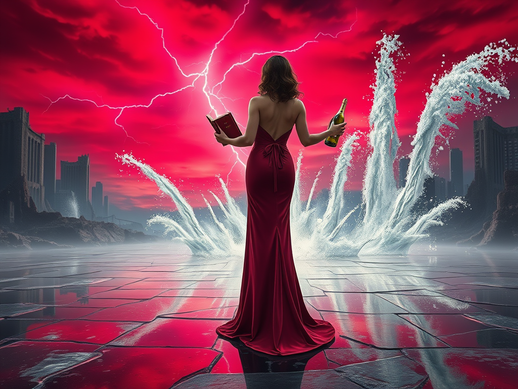 Una figura femminile in abito rosso, vista di spalle, tiene un libro in una mano e una bottiglia nell'altra, di fronte a un cielo tempestoso e a un paesaggio di rovine, mentre getti d'acqua spruzzano intorno a lei.