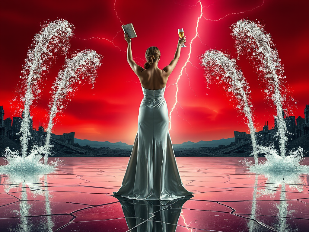 Woman in a silver gown holding a toast and a book, standing against a dramatic red sky with lightning, surrounded by water fountains and a desolate landscape.
