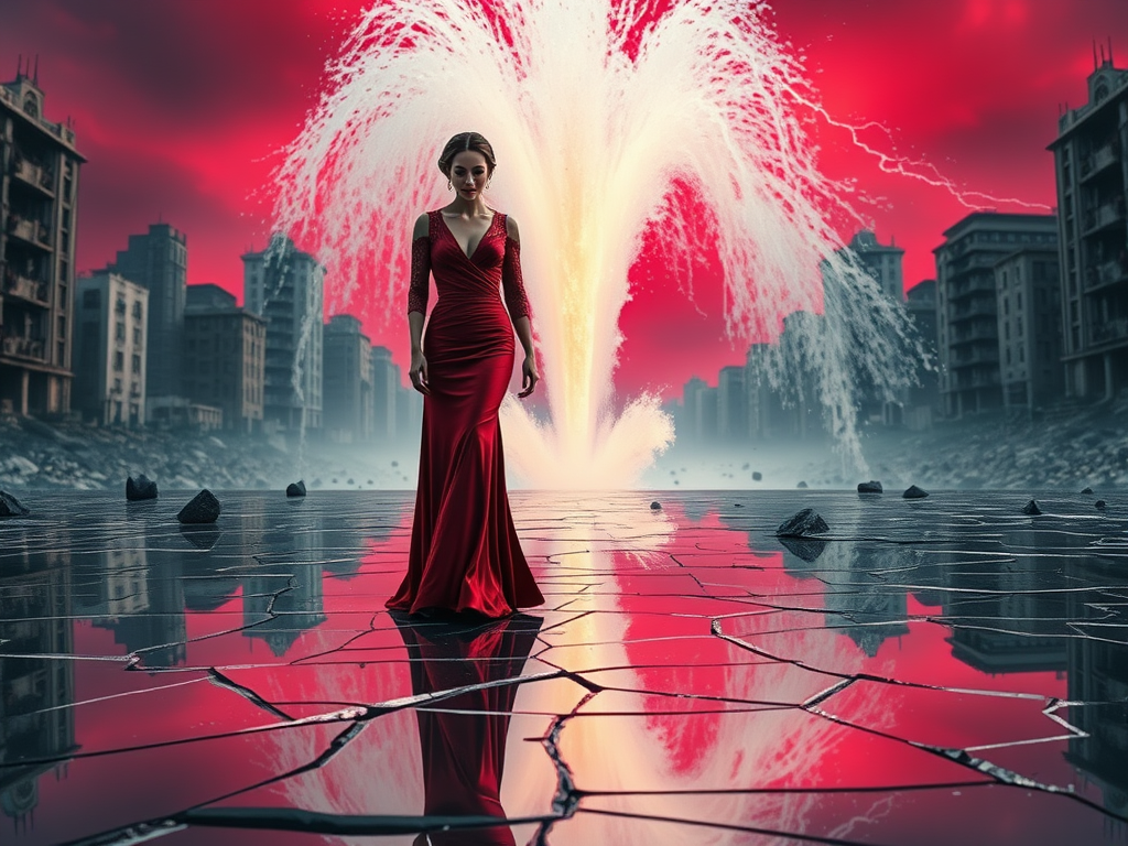 Una donna in abito rosso sta in piedi su una superficie riflettente crepata, con un grande zampillo d'acqua sullo sfondo in un ambiente urbano devastato, illuminato da un cielo rosso.