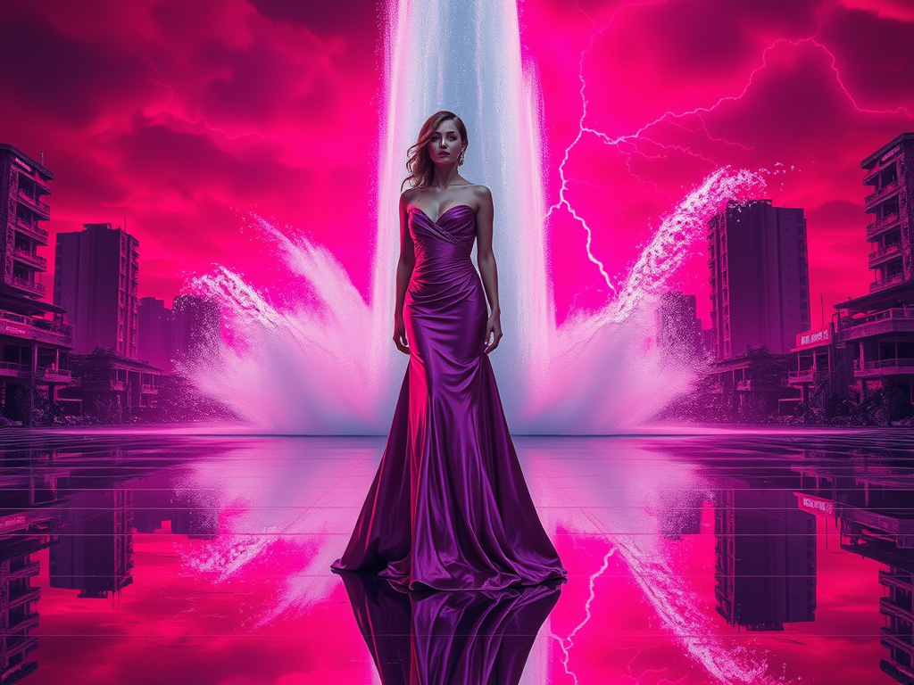 Una donna in abito elegante color porpora si trova di fronte a una fontana imponente che spruzza acqua, circondata da un'atmosfera drammatica con nuvole rosa e fulmini in lontananza.