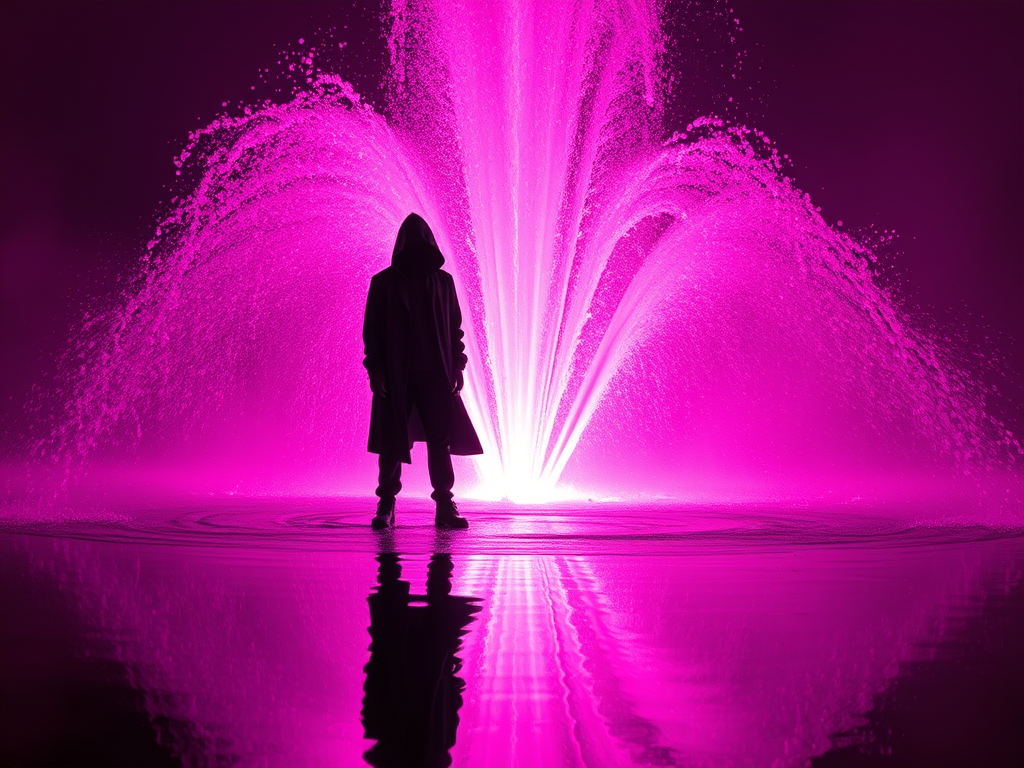 Silhouette di una persona in un lungo cappotto di fronte a una fontana di acqua illuminata da luci rosa, riflettendo sull'acqua in primo piano.