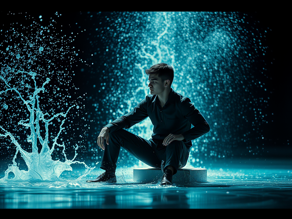 Un giovane seduto su una piattaforma nell'acqua, circondato da schizzi e gocce in un'illuminazione blu.