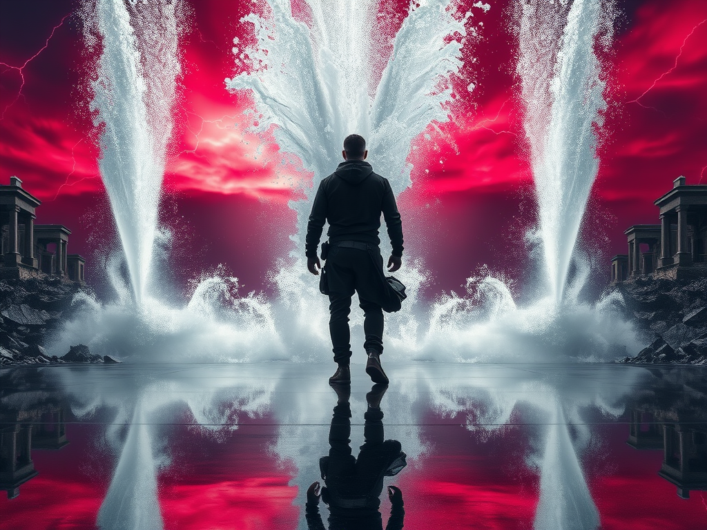 A silhouette of a person stands before powerful water jets against a dramatic red sky, with stormy clouds and ancient structures in the background, creating a surreal and striking scene.