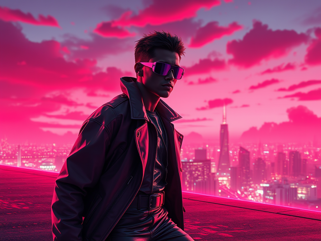 Un giovane uomo in un giubbotto di pelle nera e occhiali da sole, seduto su un tetto con uno skyline di città futuristica sullo sfondo, illuminato da luci rosa e un cielo drammatico.