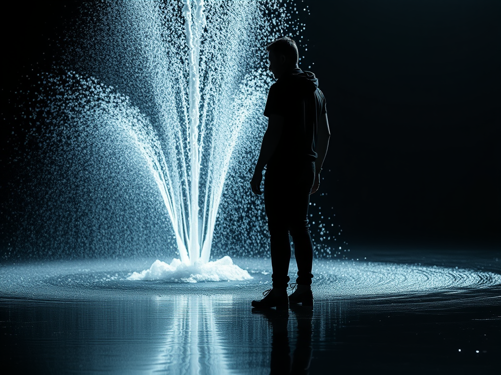 Silhouette di una persona che si erge vicino a un getto d'acqua in un ambiente buio, con effetti di luce blu e spruzzi d'acqua che creano un'atmosfera mistica.
