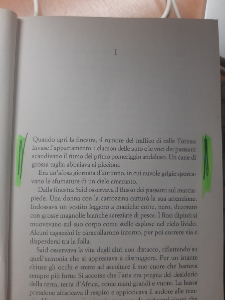 Pagina di un libro con un testo in italiano che descrive una scena urbana e le riflessioni del protagonista.