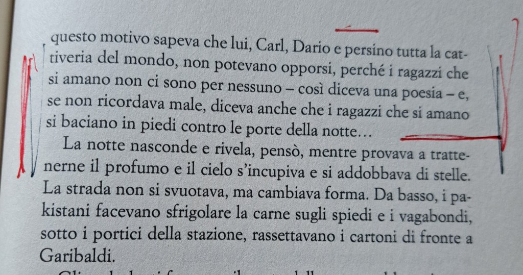 Testo di un libro con passaggi evidenziati in rosso, che parla di amore e notti stellate.