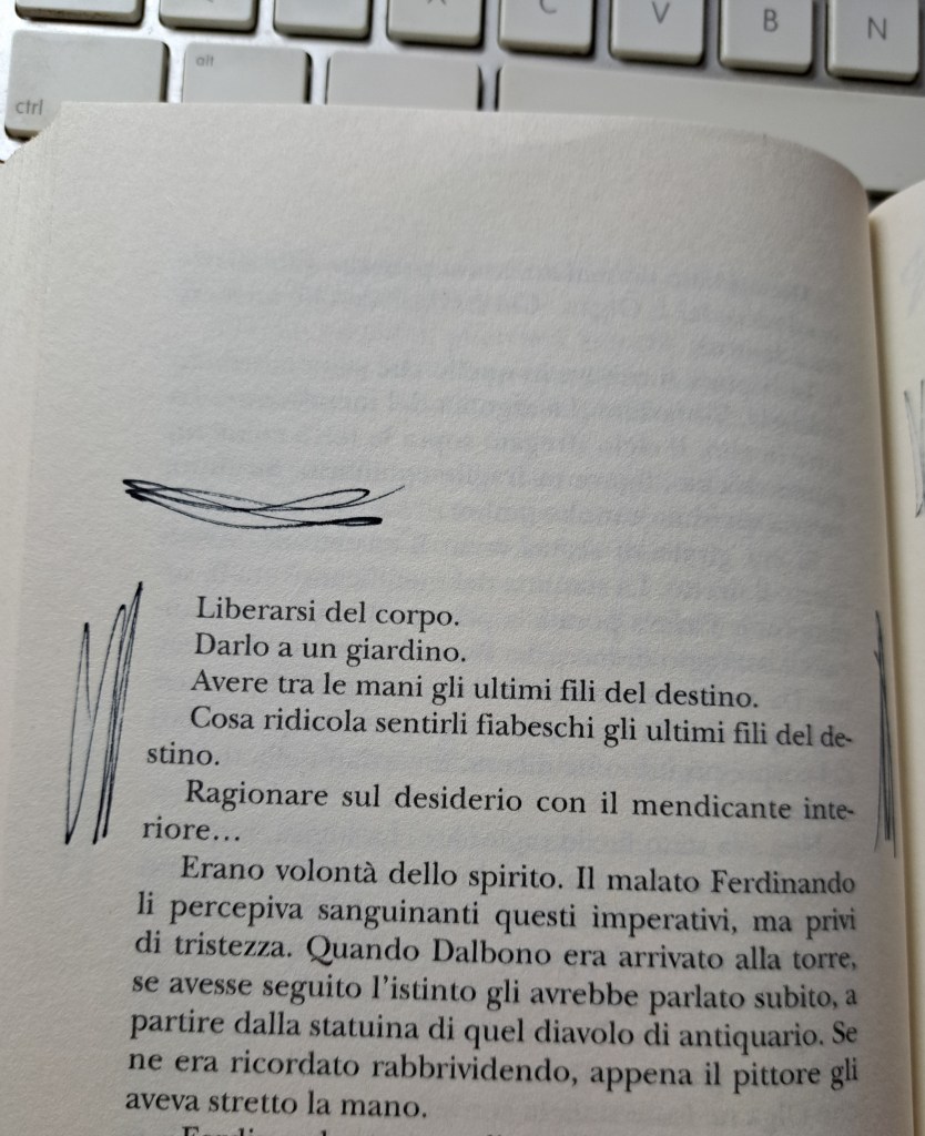 Pagina di un libro con testo in italiano, contenente riflessioni su desideri e spiritualità, con appunti o scarabocchi ai margini.