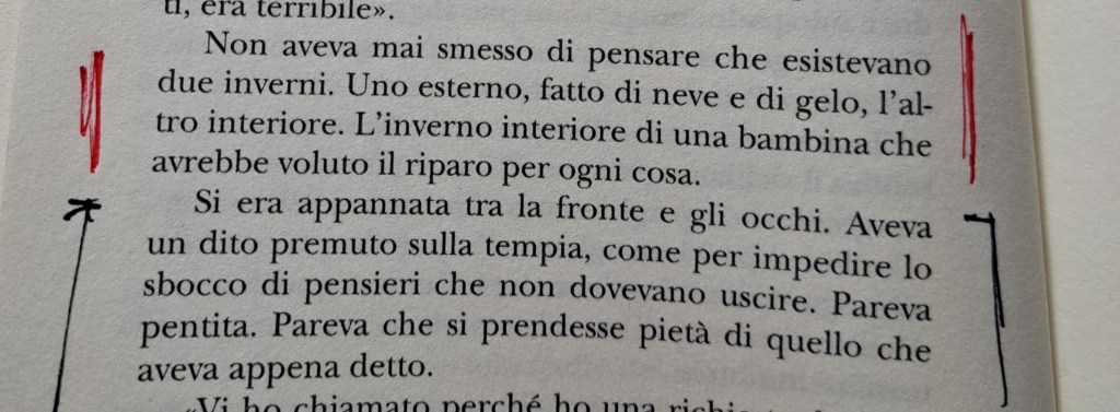 Testo di un libro con una riflessione su due inverni, uno esterno e uno interno, che descrive l'emozione di una bambina.