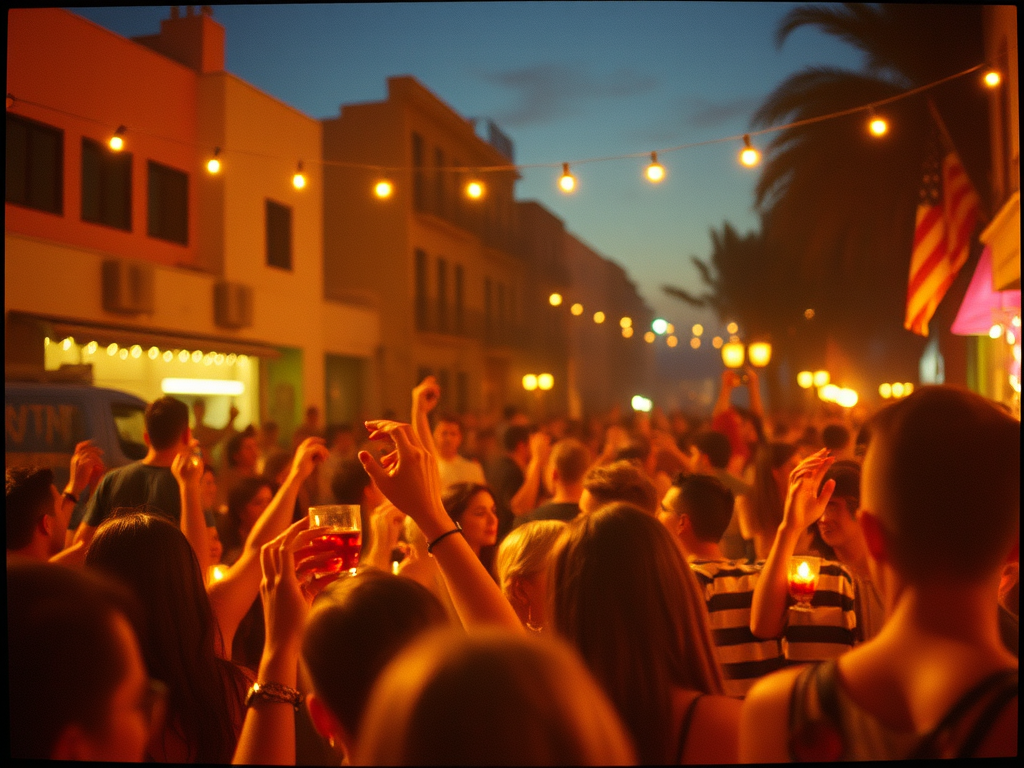 Una folla festosa di persone che alzano bicchieri, sotto delle luci decorative, durante una celebrazione serale.