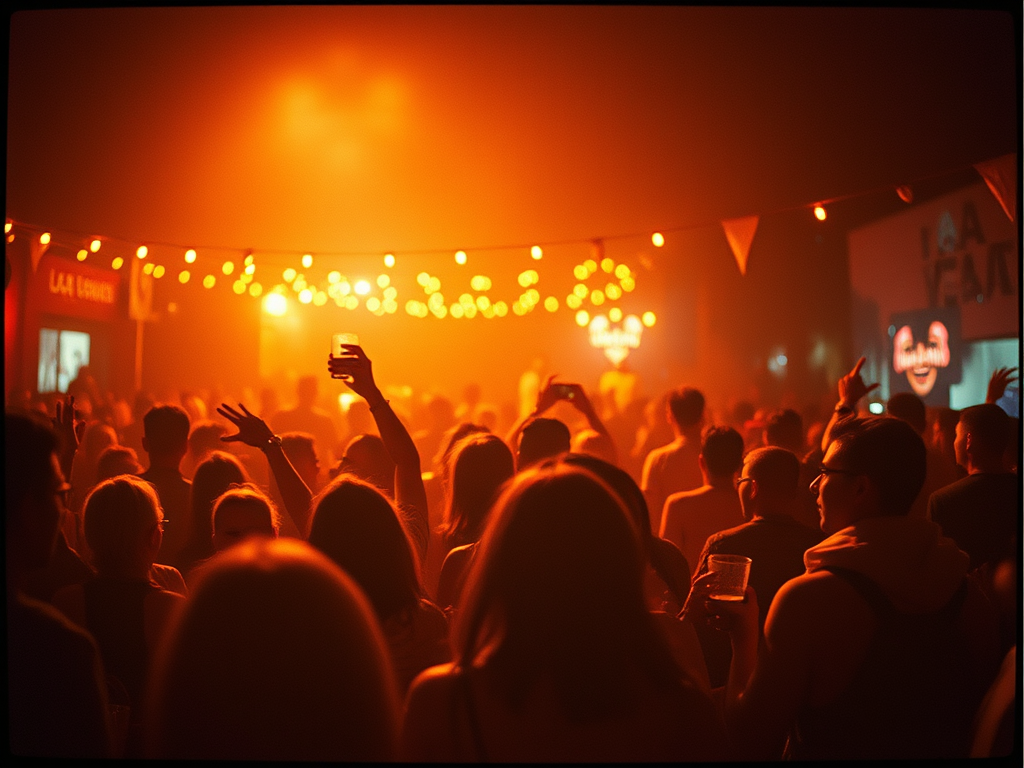 Folla in un locale con luci arancioni e atmosfera festosa, persone alzano i bicchieri e si divertono.