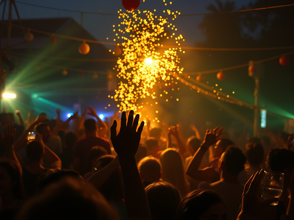 Folla festante in un ambiente notturno, con persone che ballano e alzano le mani sotto un cielo illuminato da luci colorate e scintille.