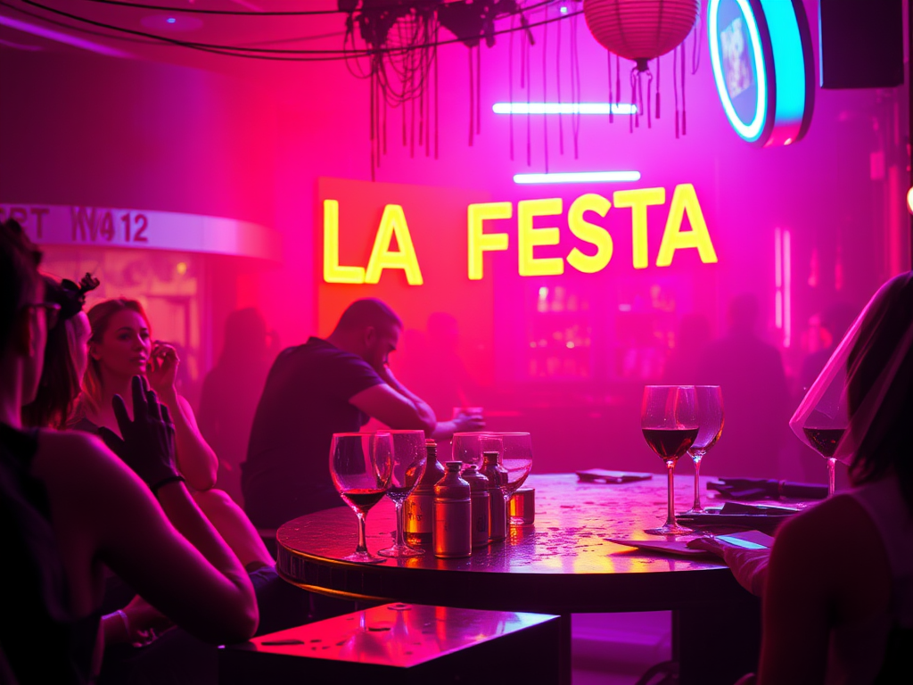 A vibrant bar scene with the neon sign 'LA FESTA' glowing in pink light, patrons enjoying drinks at a table with glasses and bottles, creating a festive atmosphere.