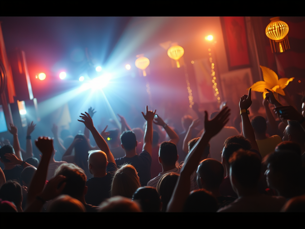 Un pubblico in festa con le mani alzate, illuminato da luci colorate e proiezioni, in un'atmosfera vivace e celebrativa.