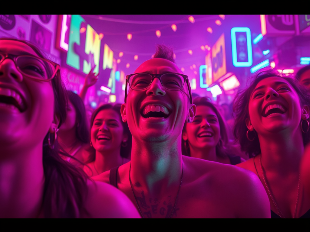 Un gruppo di giovani sorridenti si diverte in un ambiente festoso, circondato da luci colorate e segnaletica luminosa.