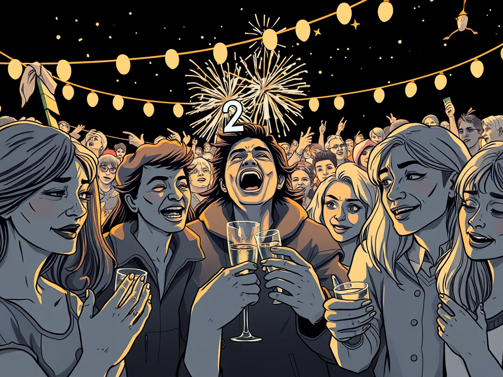 Una folla festante celebra l'arrivo del nuovo anno, con fuochi d'artificio e brindisi.