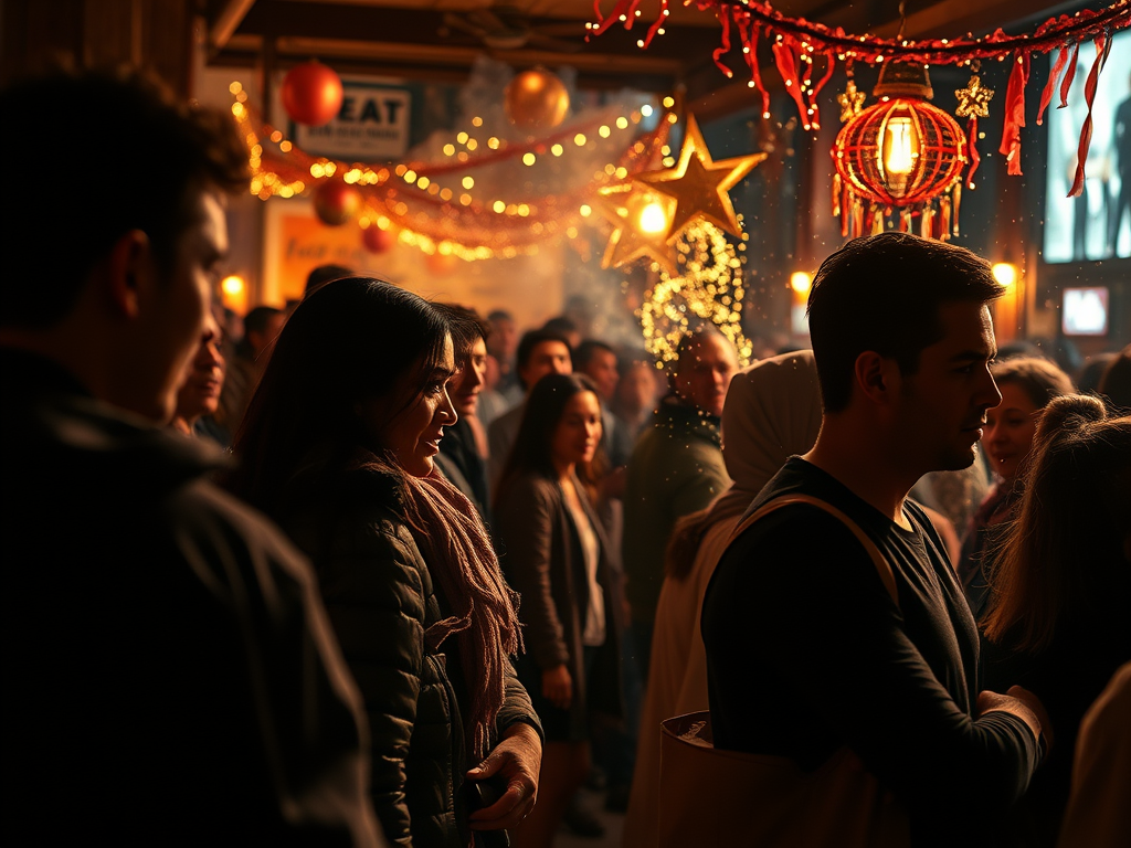 A lively crowd gathers in a festive setting filled with decorative lights, stars, and lanterns, creating a warm and celebratory atmosphere.